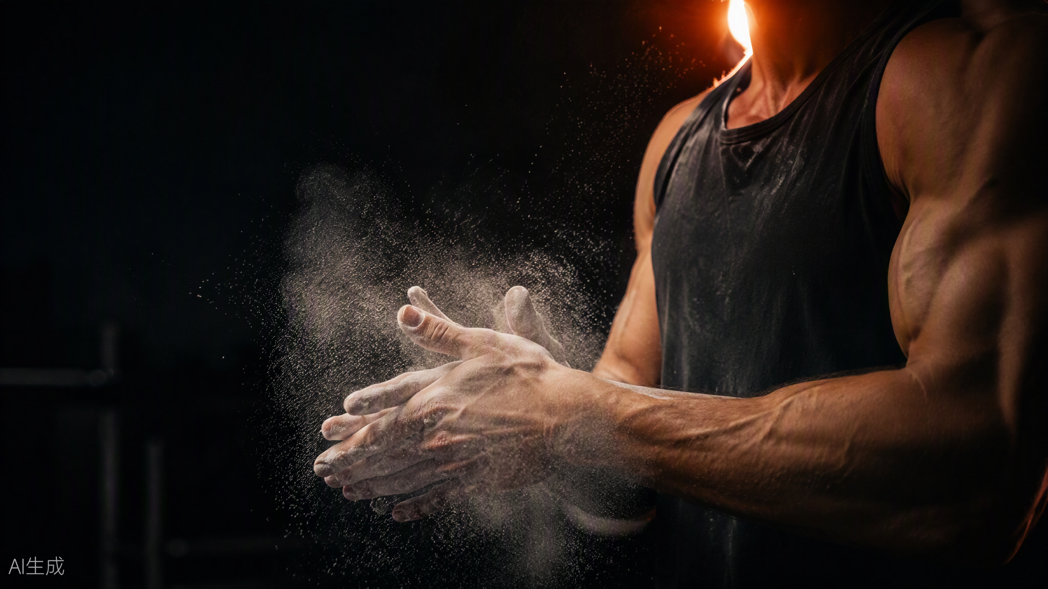 Athlete preparing for a hybrid fitness event in a dark training space