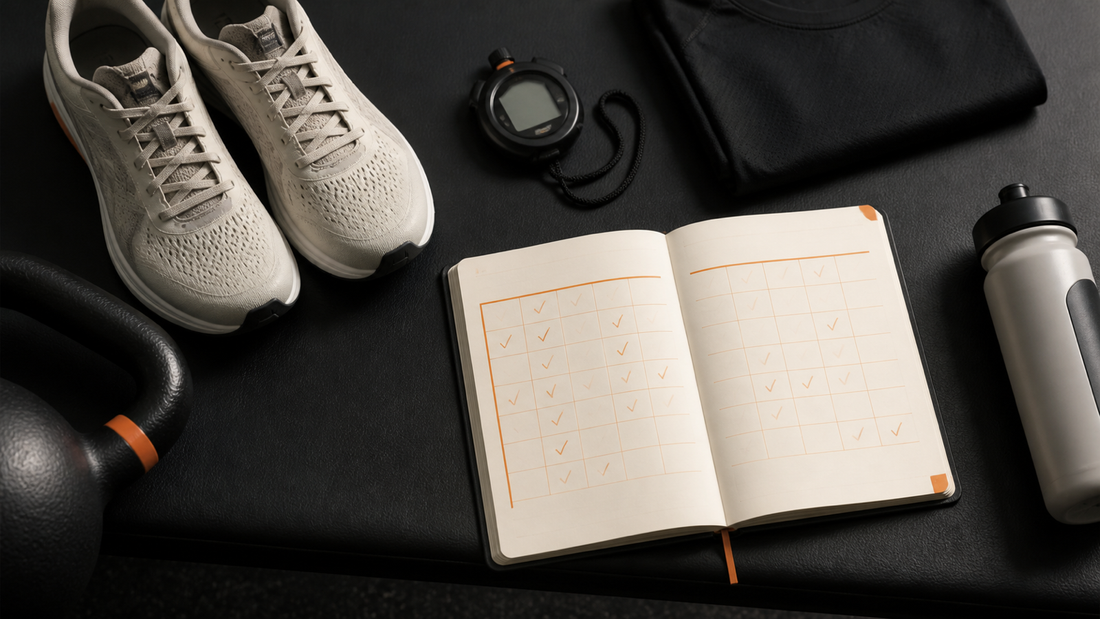 Running shoes, stopwatch, kettlebell, training top, water bottle, and an eight-week planning grid