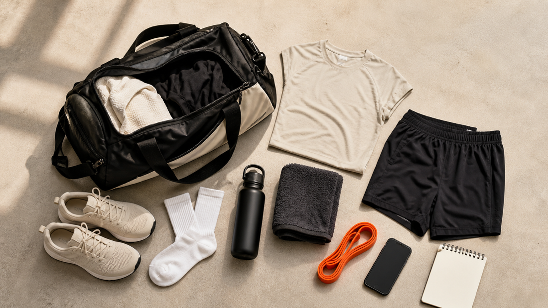 Overhead hybrid training gym bag checklist with duffle, apparel, shoes, socks, water bottle, towel, band, phone, and notebook