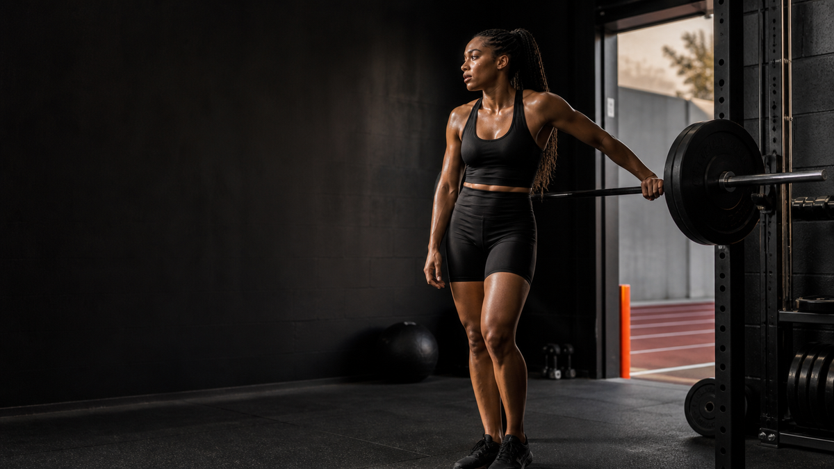 Woman transitions from an outdoor run to a strength session in a dark gym.