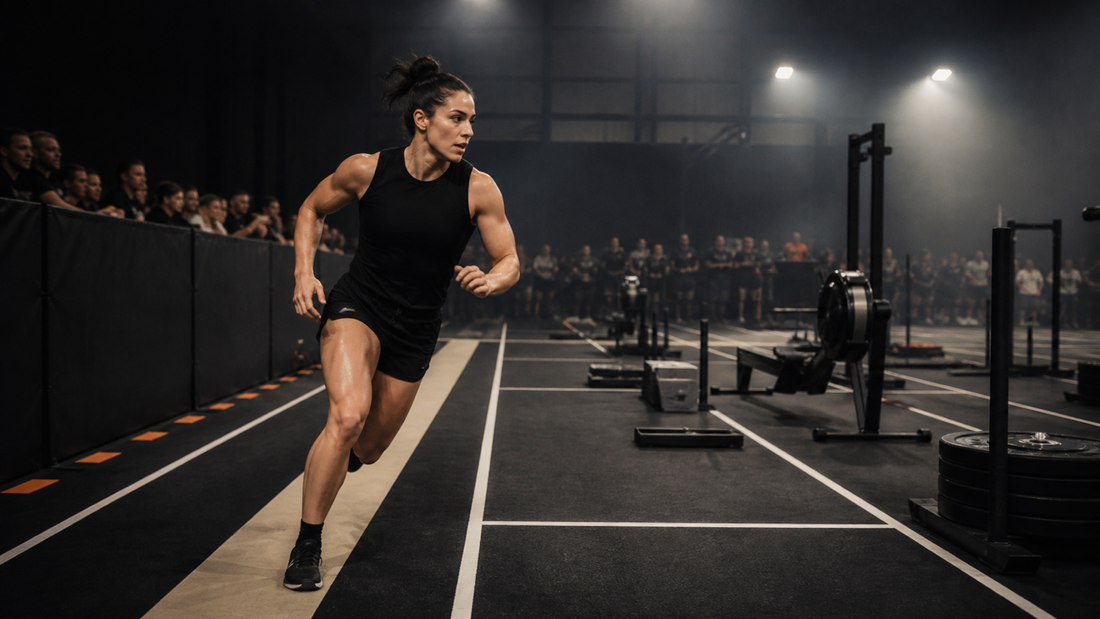 Athlete running through an indoor hybrid fitness course with strength stations