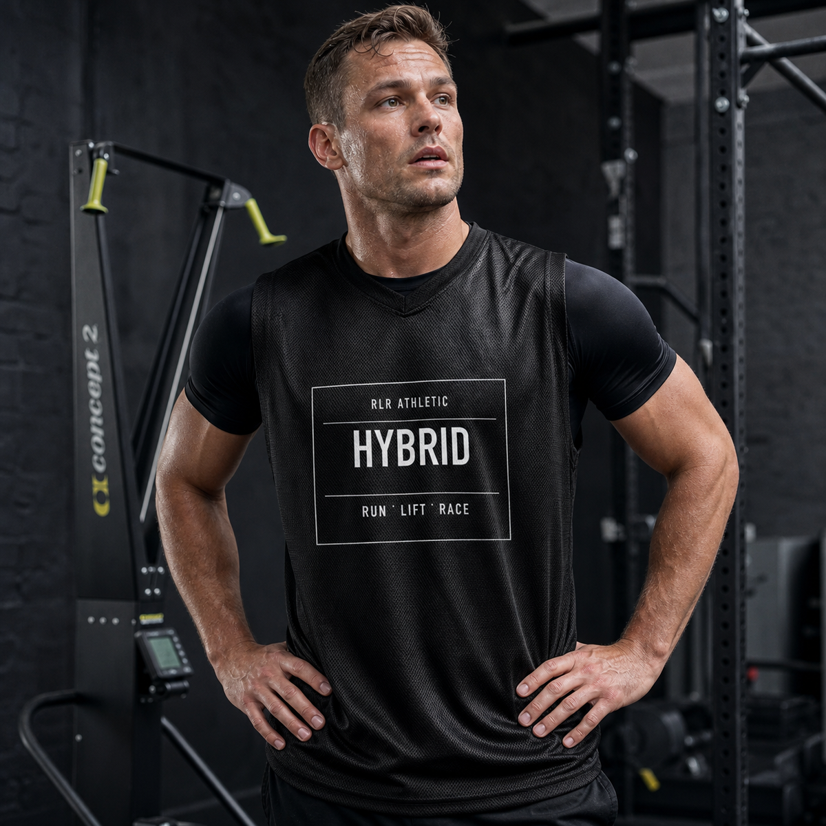 RLR Athletic Hybrid Mesh Tank in a dark gym training scene