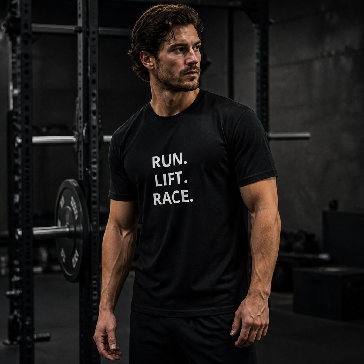 RLR Athletic Run. Lift. Race. Training Tee in a dark training gym