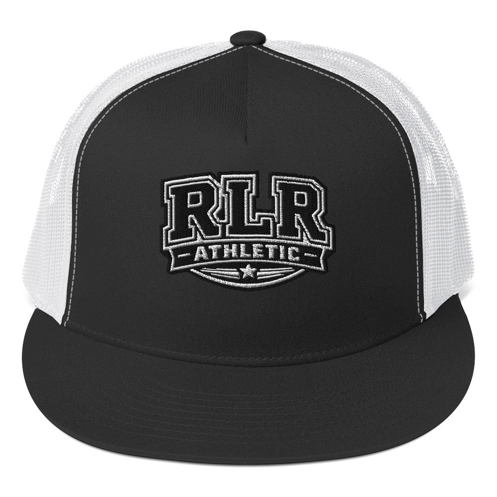 Front view of the black-and-white RLR Athletic Trucker Cap