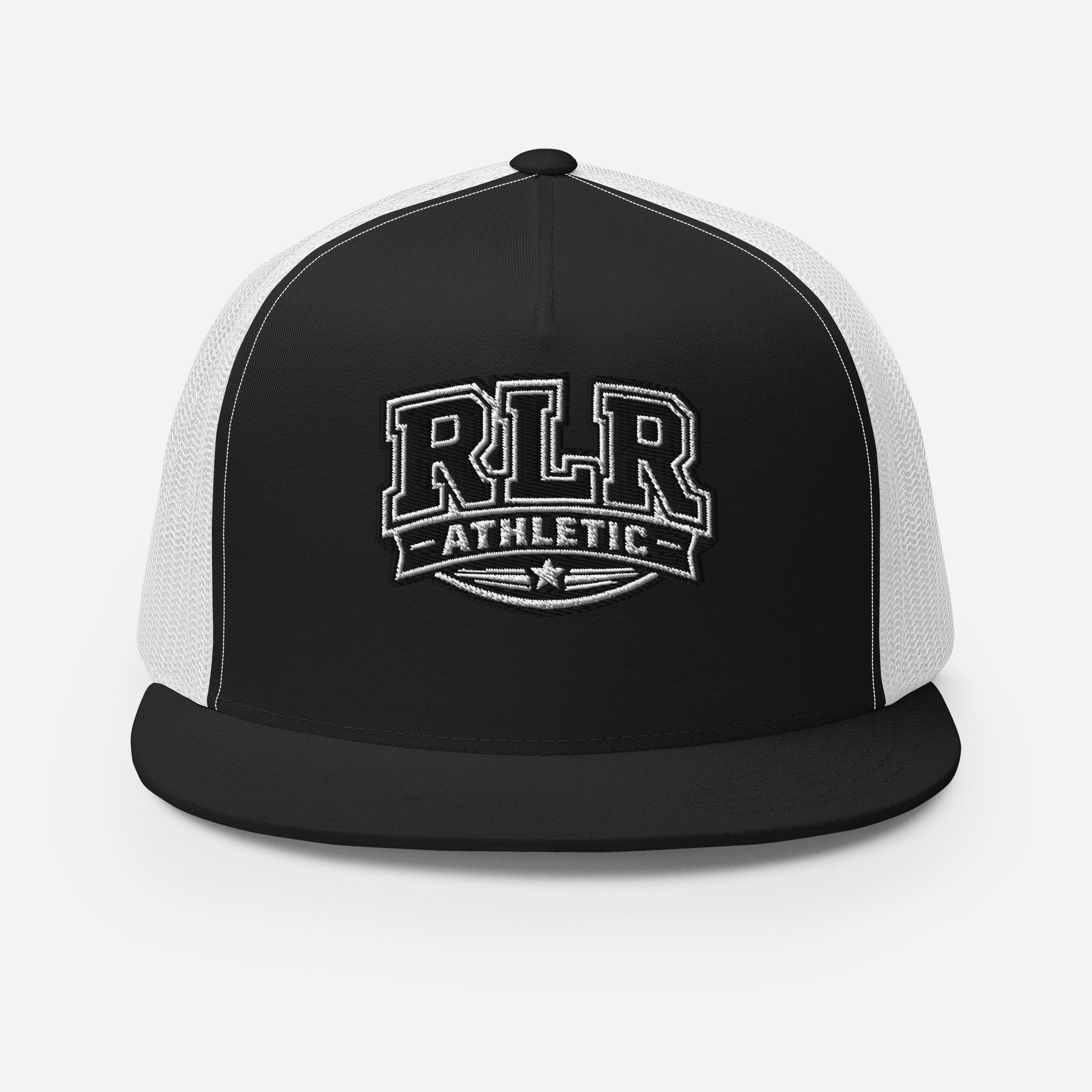 Front view of the black-and-white RLR Athletic Trucker Cap
