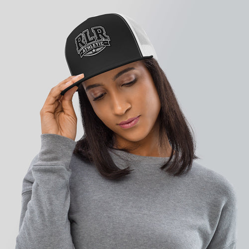 Front view of the black-and-white RLR Athletic Trucker Cap