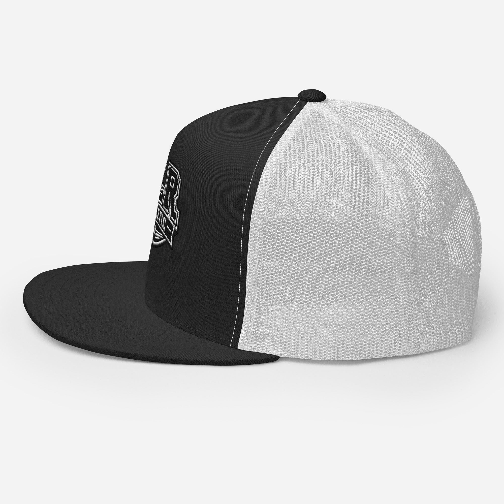 Left-side view of the black-and-white RLR Athletic Trucker Cap
