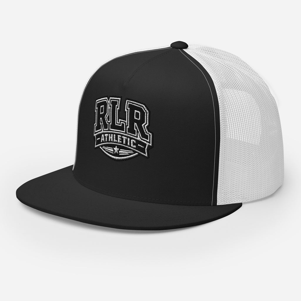 Left-front view of the black-and-white RLR Athletic Trucker Cap