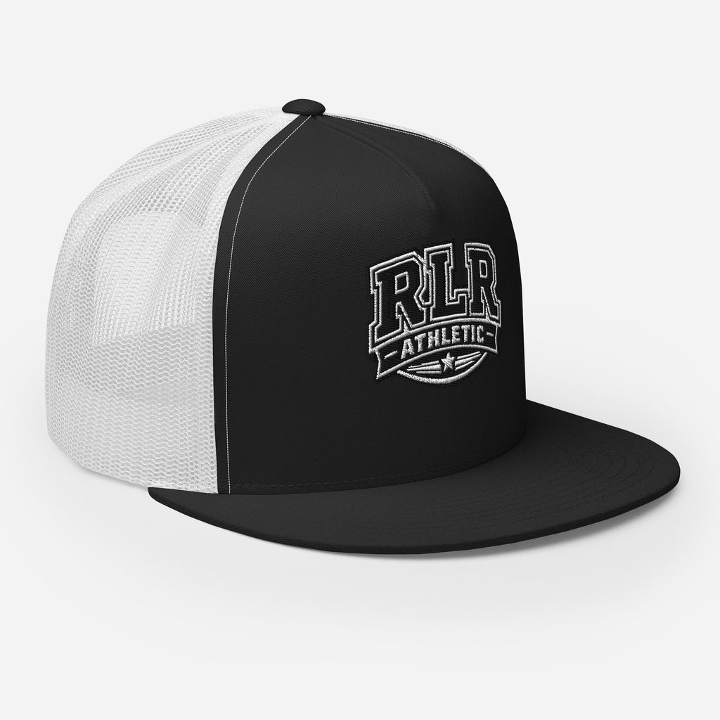 Right-front view of the black-and-white RLR Athletic Trucker Cap