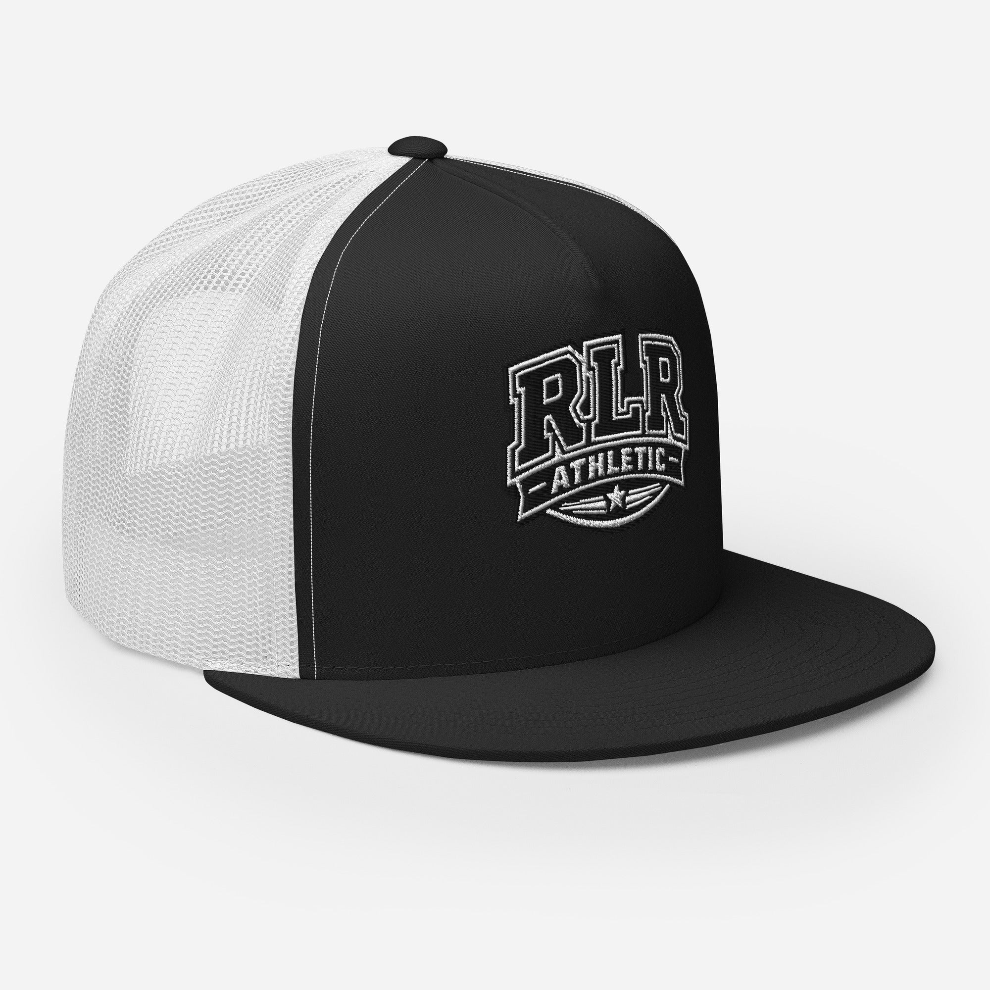 Right-front view of the black-and-white RLR Athletic Trucker Cap