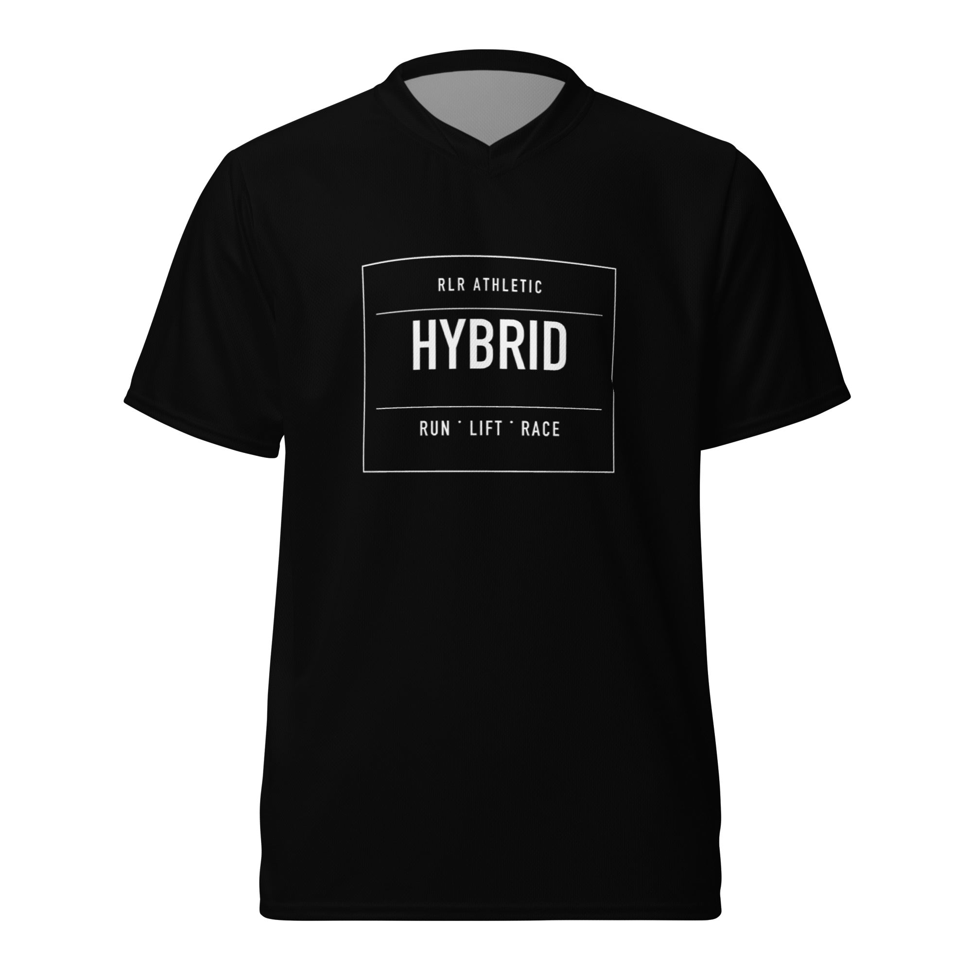 Black RLR Race Division Jersey front view with centered Hybrid graphic