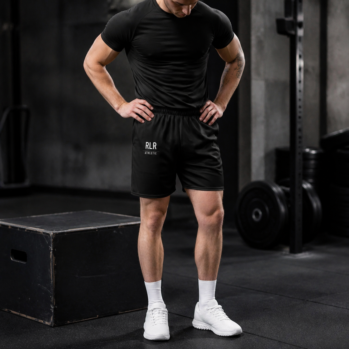 RLR Athletic Hybrid Training Mesh Shorts, black, front view, illustrative image