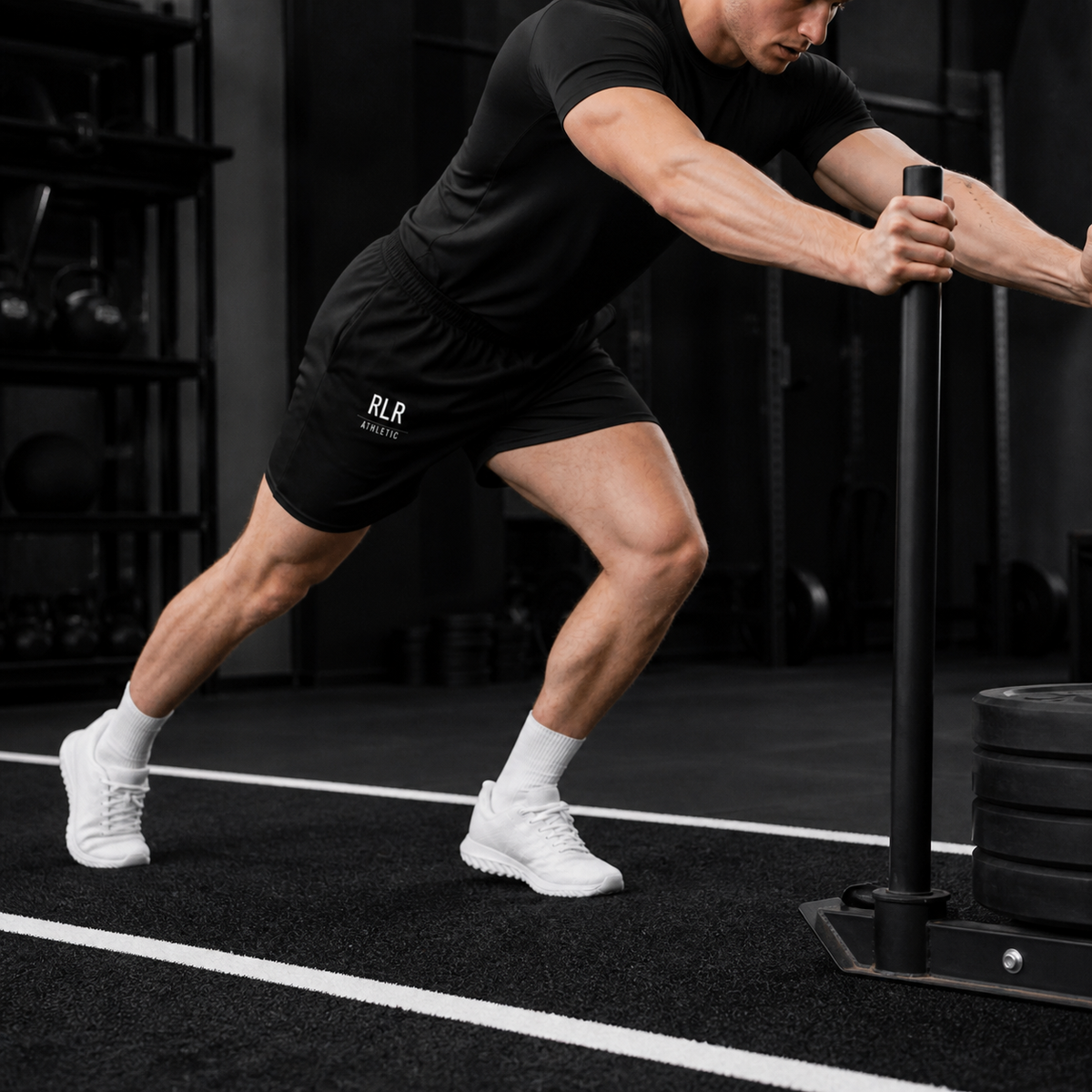 RLR Athletic Hybrid Training Mesh Shorts, black, side view, illustrative image