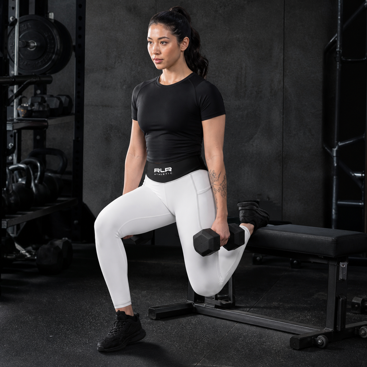 RLR Athletic High-Waisted Training Leggings with Pockets, white, front view, illustrative image