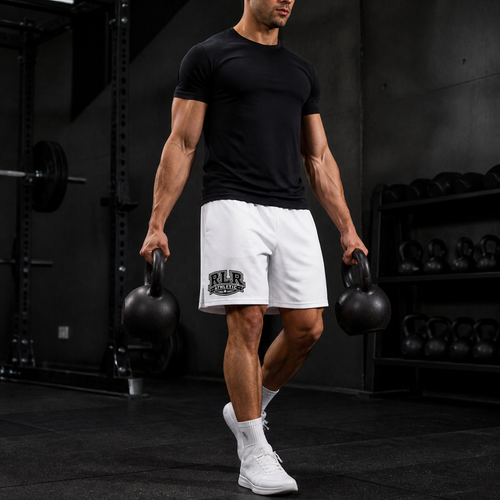 RLR Athletic Longline Training Shorts with Pockets, white, front view, illustrative image
