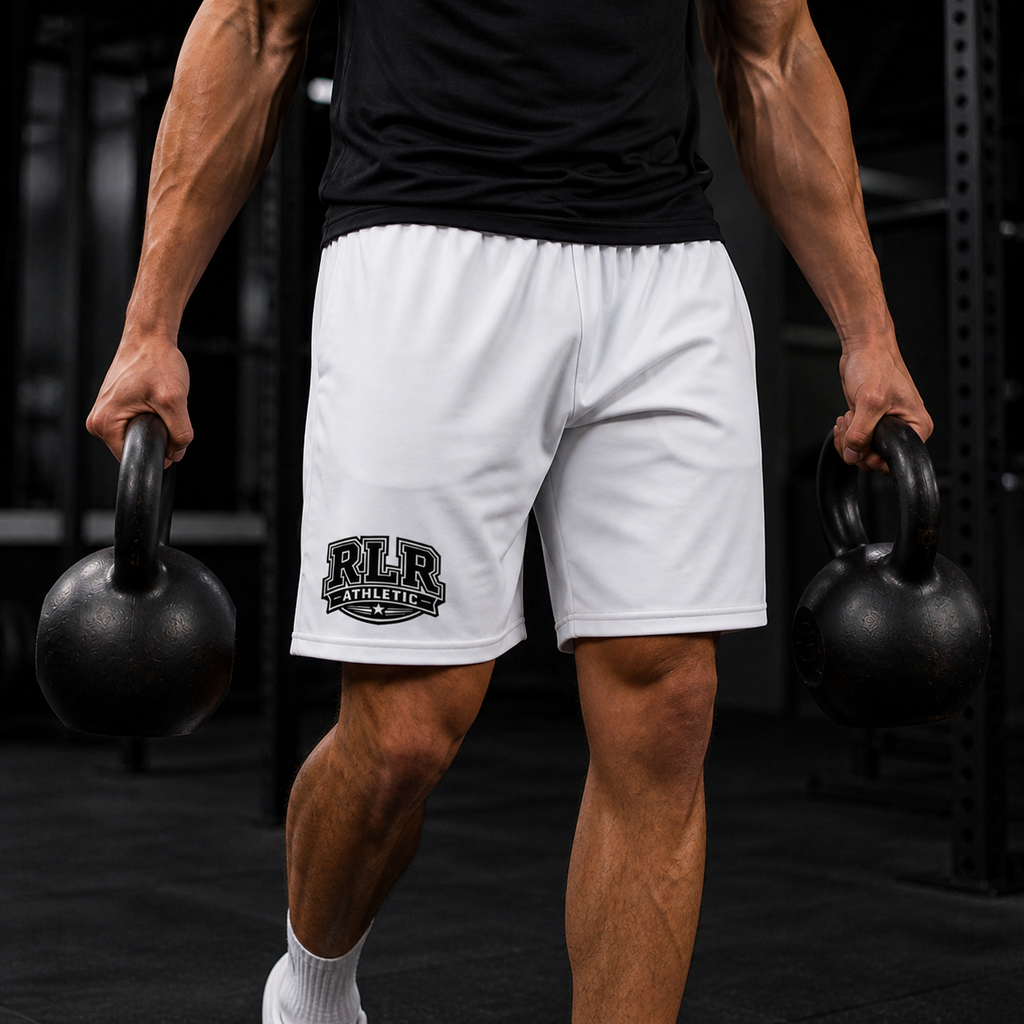 RLR Athletic Longline Training Shorts with Pockets, white, carry view, illustrative image
