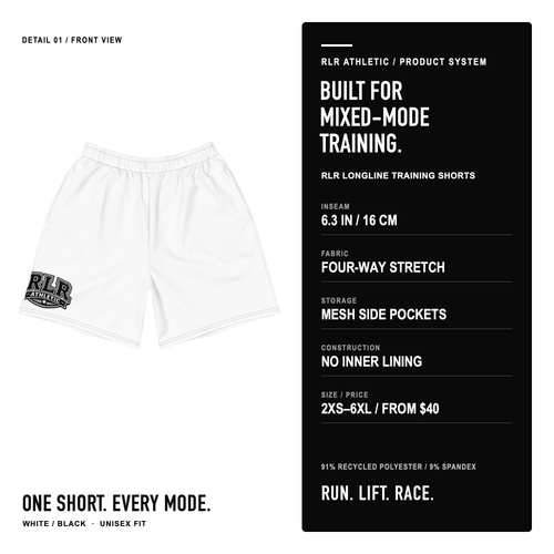 RLR Athletic Longline Training Shorts with Pockets, white, specification card view, illustrative image