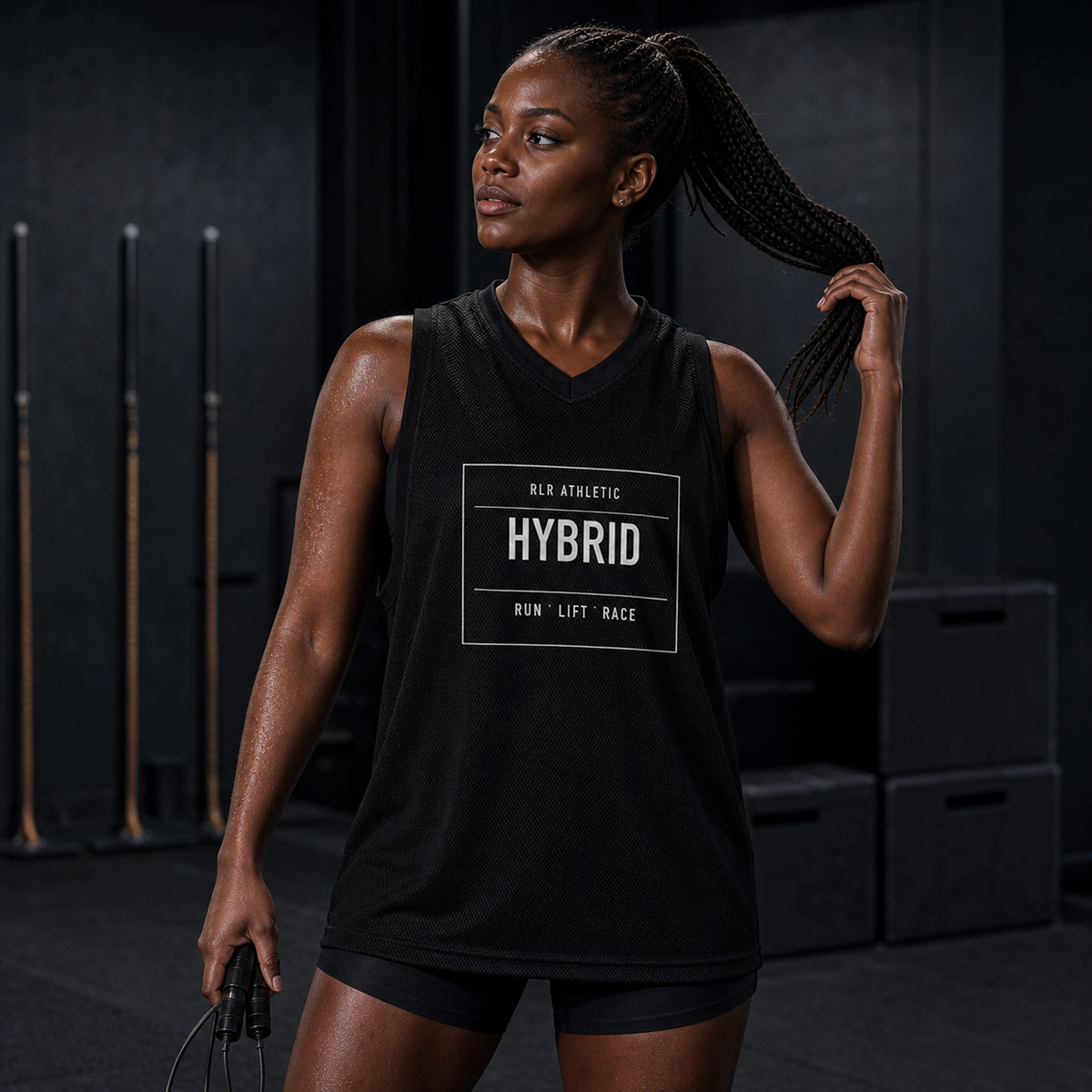 Female athlete wearing the black RLR Athletic Hybrid Mesh Tank in a gym