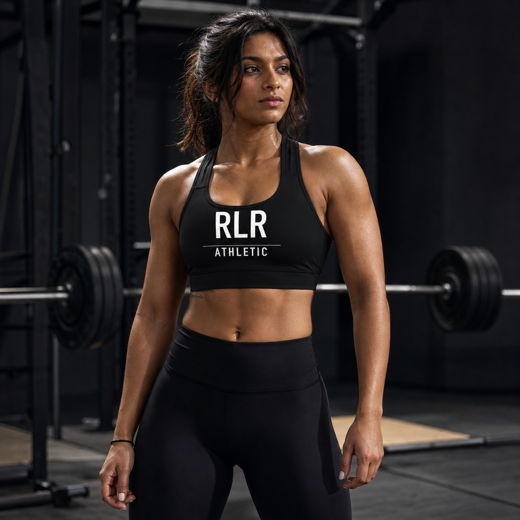 RLR Athletic Padded Racerback Sports Bra, black, front view, illustrative image