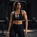 RLR Athletic Padded Racerback Sports Bra, black, front view, illustrative image