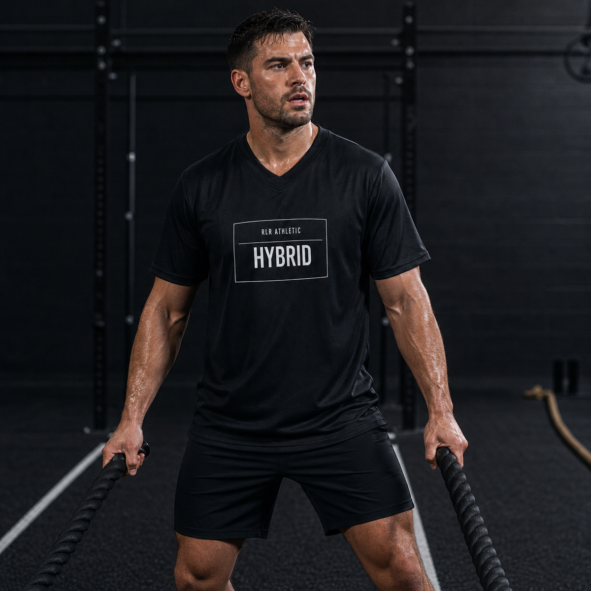 Male athlete holding battle ropes in the black RLR Athletic Race Division Jersey