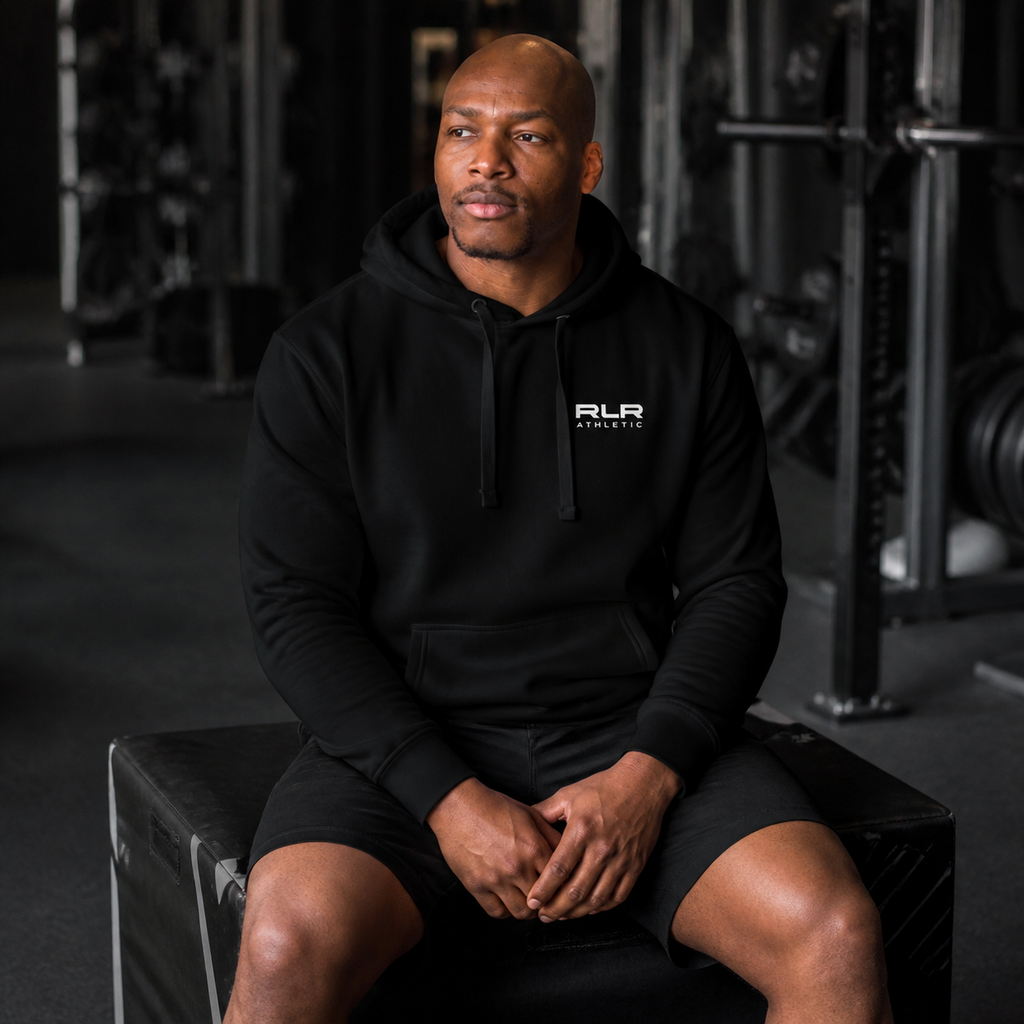 RLR Athletic Recovery Training Hoodie, black, front view, illustrative image