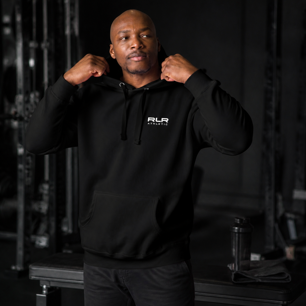 RLR Athletic Recovery Training Hoodie, black, side view, illustrative image