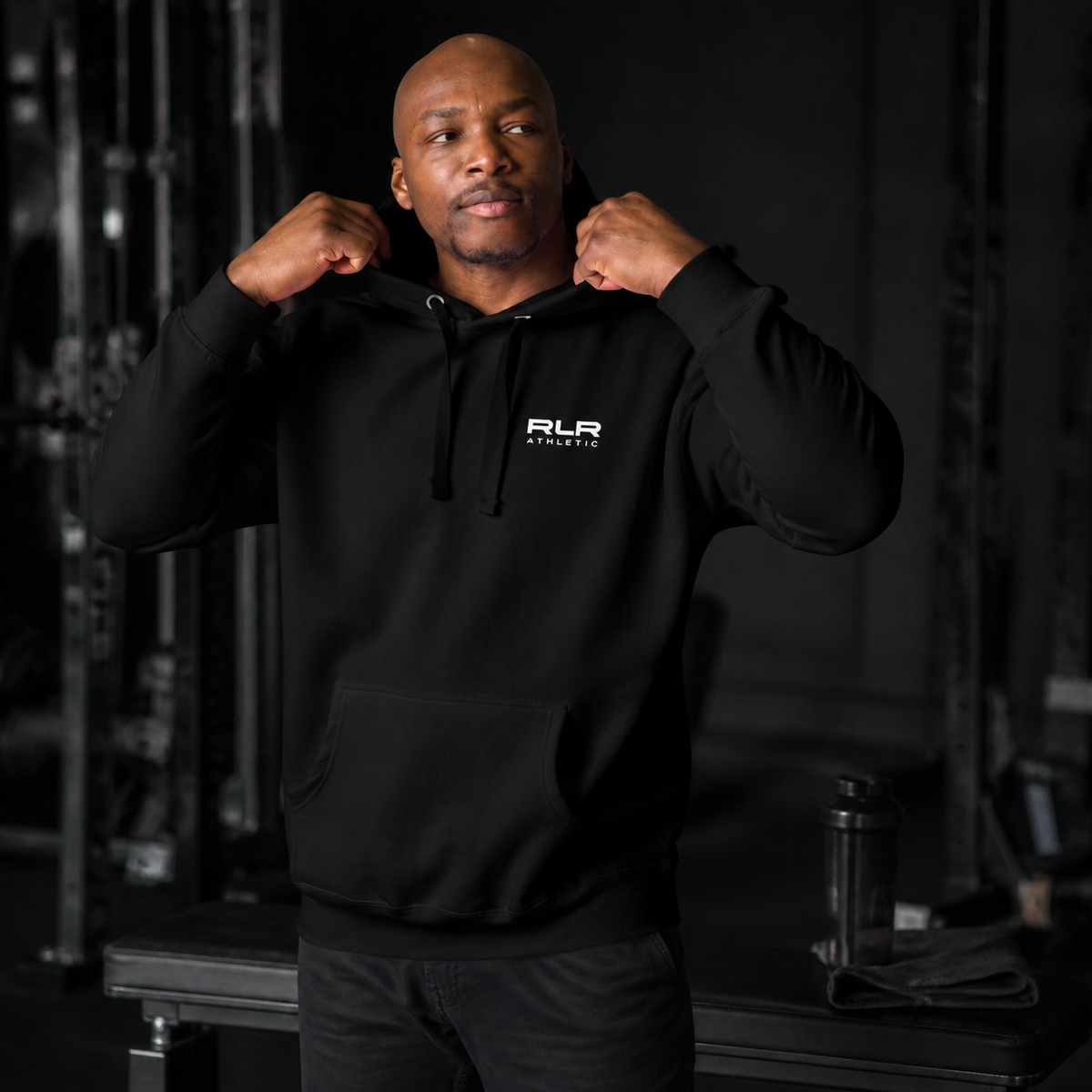 RLR Athletic Recovery Training Hoodie, black, side view, illustrative image