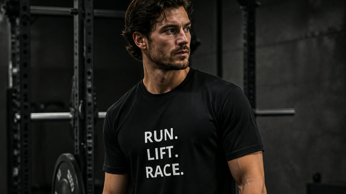 Athlete wearing the black RLR Run Lift Race Training Tee beside a squat rack in a dark training gym