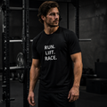 RLR Athletic Run. Lift. Race. Training Tee, black, front view, illustrative image