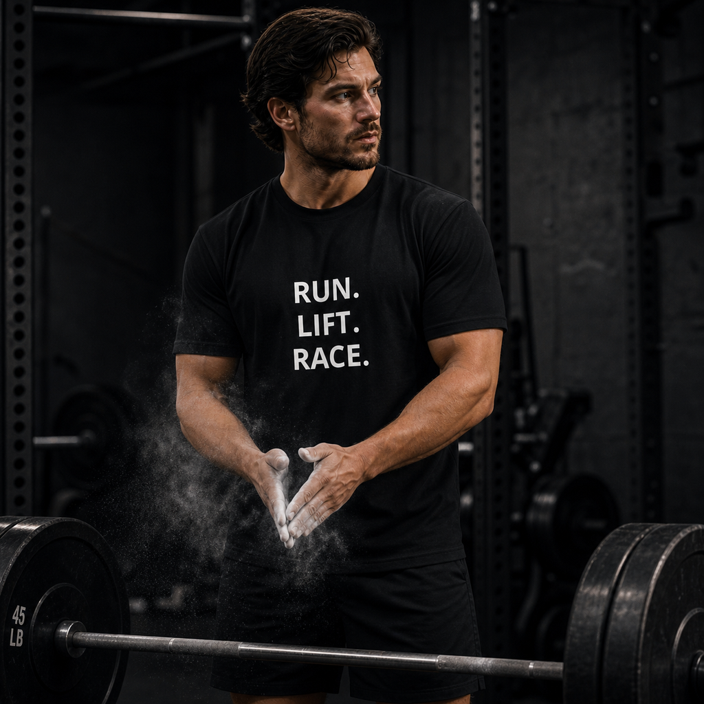 RLR Athletic Run. Lift. Race. Training Tee, black, side view, illustrative image